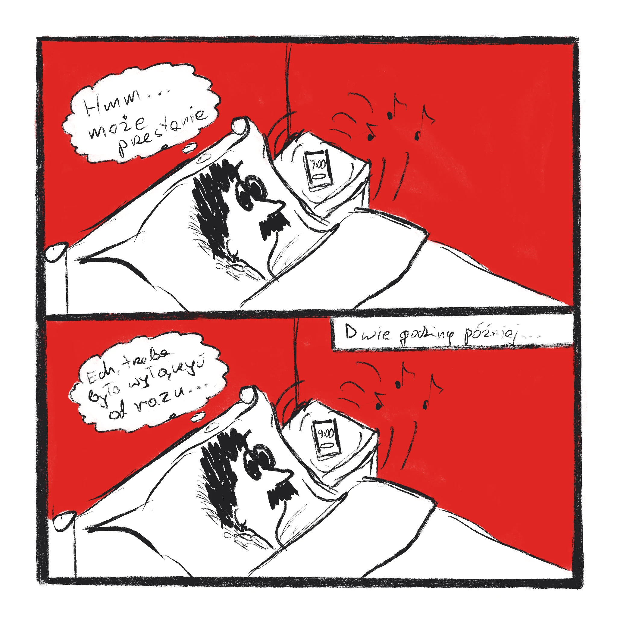 Komiks: postać leży w łóżku, próbuje zasnąć, a dwie godziny później nadal nie śpi.