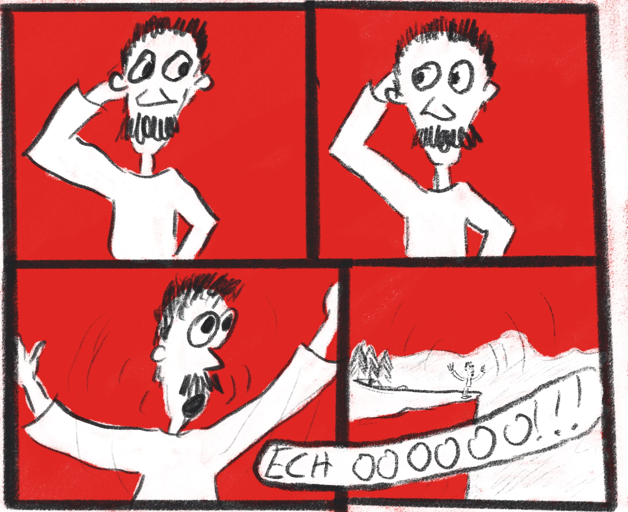 Komiks: postać przykłada dłonie do uszu, krzyczy, a echo wraca z gór.