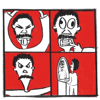 Czterokadrowy komiks na czerwonym tle. Mężczyzna robi różne miny przed lustrem; w ostatnim kadrze stoi przy umywalce i patrzy na swoje odbicie.